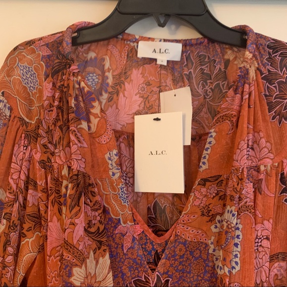 NWT A.L.C ALC pink purple printed tiered long sleeve v-neck mini dress - Picture 9 of 14